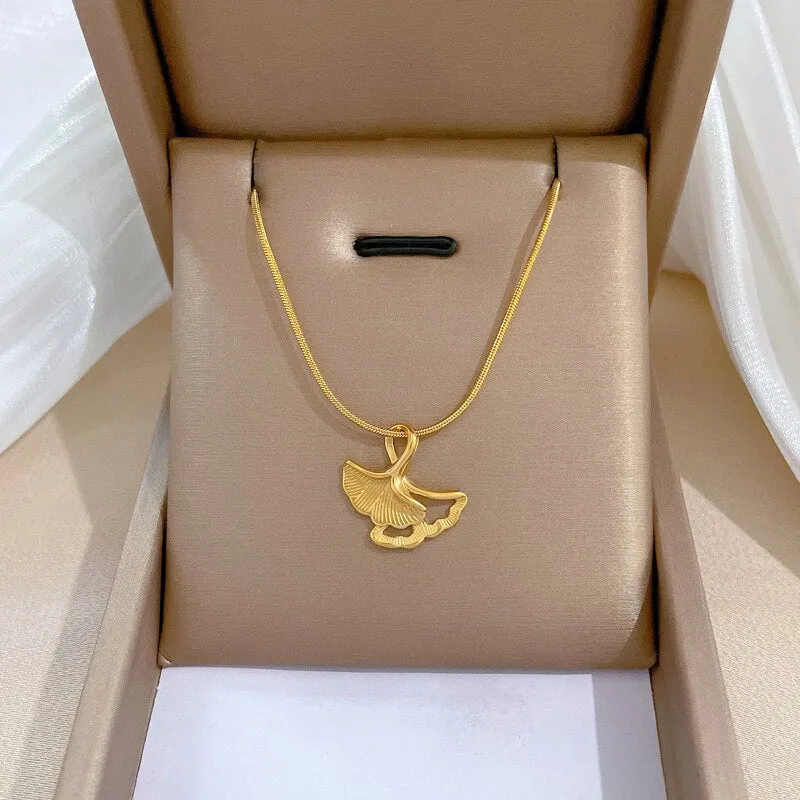 New Bohemian Vintage Stainless Steel Ginkgo Biloba Leaf Necklaces For Women
