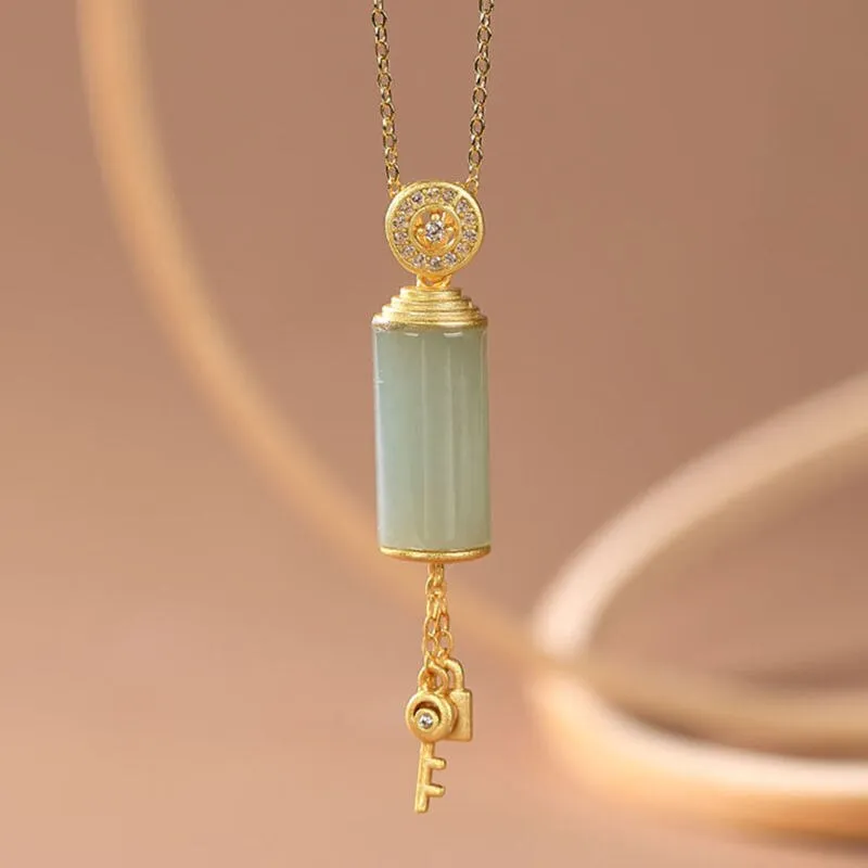 New silver inlaid natural Hetian white Chalcedony column Pendant Necklace
