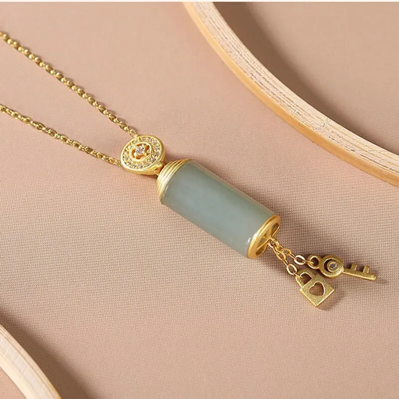 New silver inlaid natural Hetian white Chalcedony column Pendant Necklace