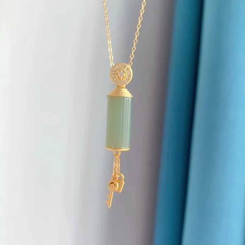 New silver inlaid natural Hetian white Chalcedony column Pendant Necklace