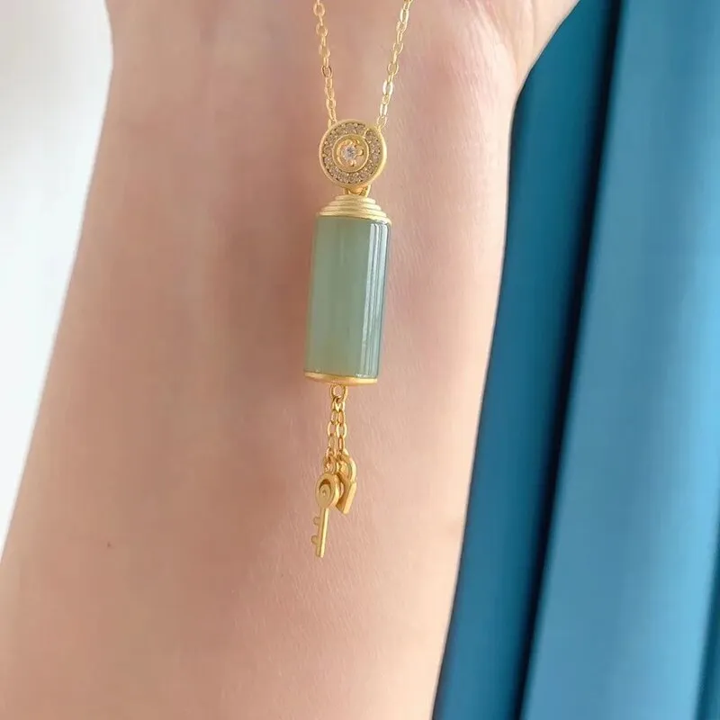 New silver inlaid natural Hetian white Chalcedony column Pendant Necklace