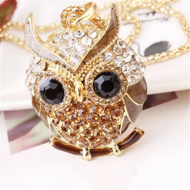 New  Women Sweater Chain Necklace Owl Design Rhinestones Crystal Pendant Necklaces Jewelry Clothing Accessories Drop Shipping