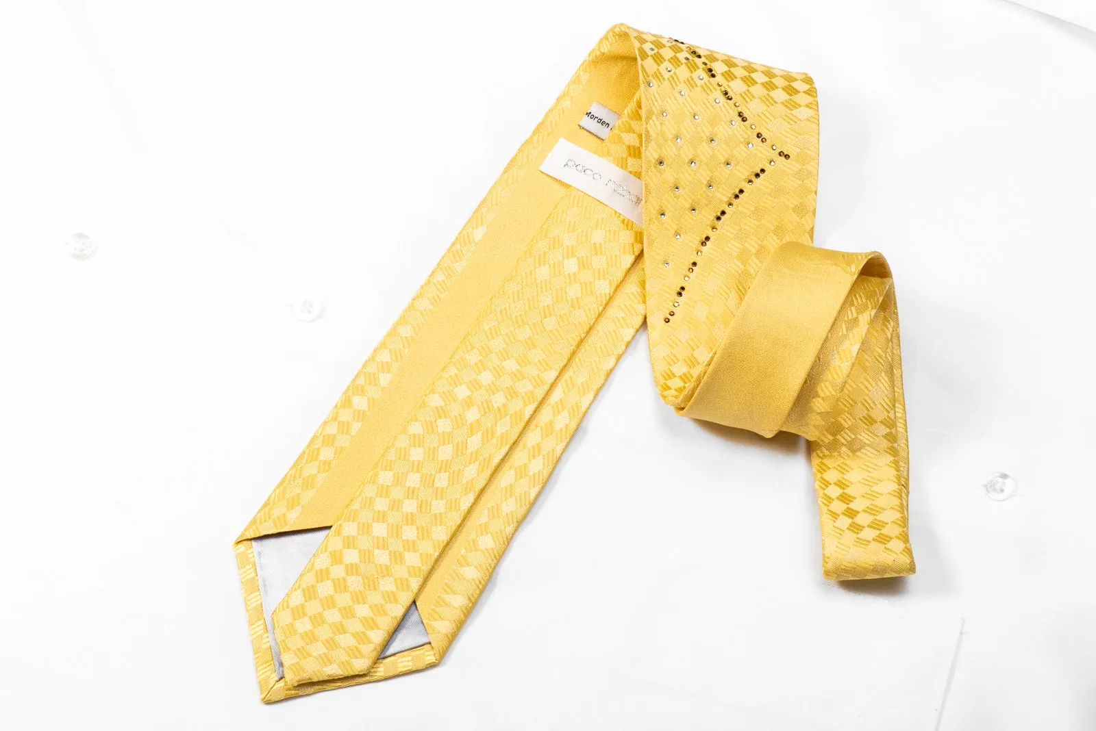 Paco Rabanne Men's Crystal Silk Necktie Yellow Checker With Silver Sparkles