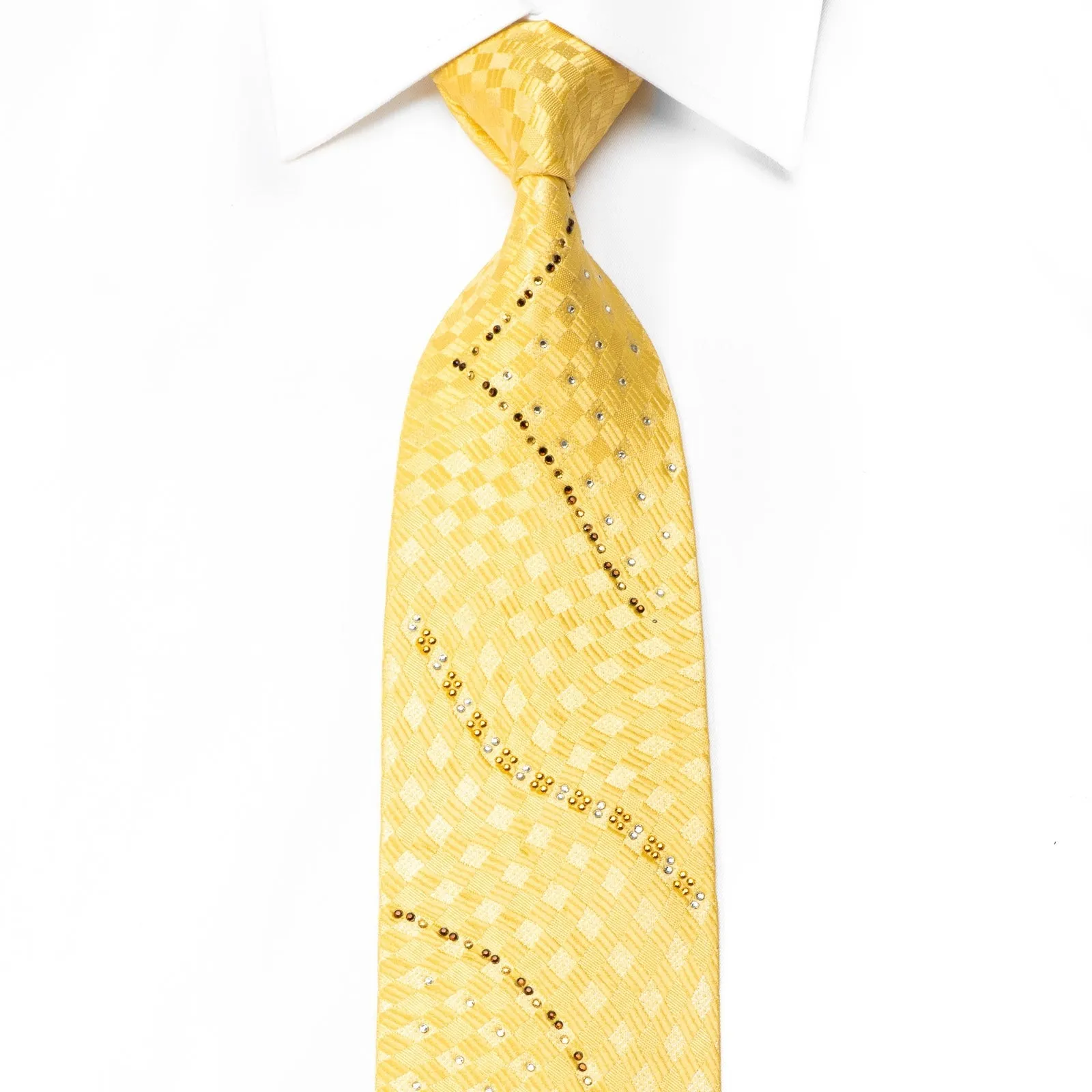 Paco Rabanne Men's Crystal Silk Necktie Yellow Checker With Silver Sparkles