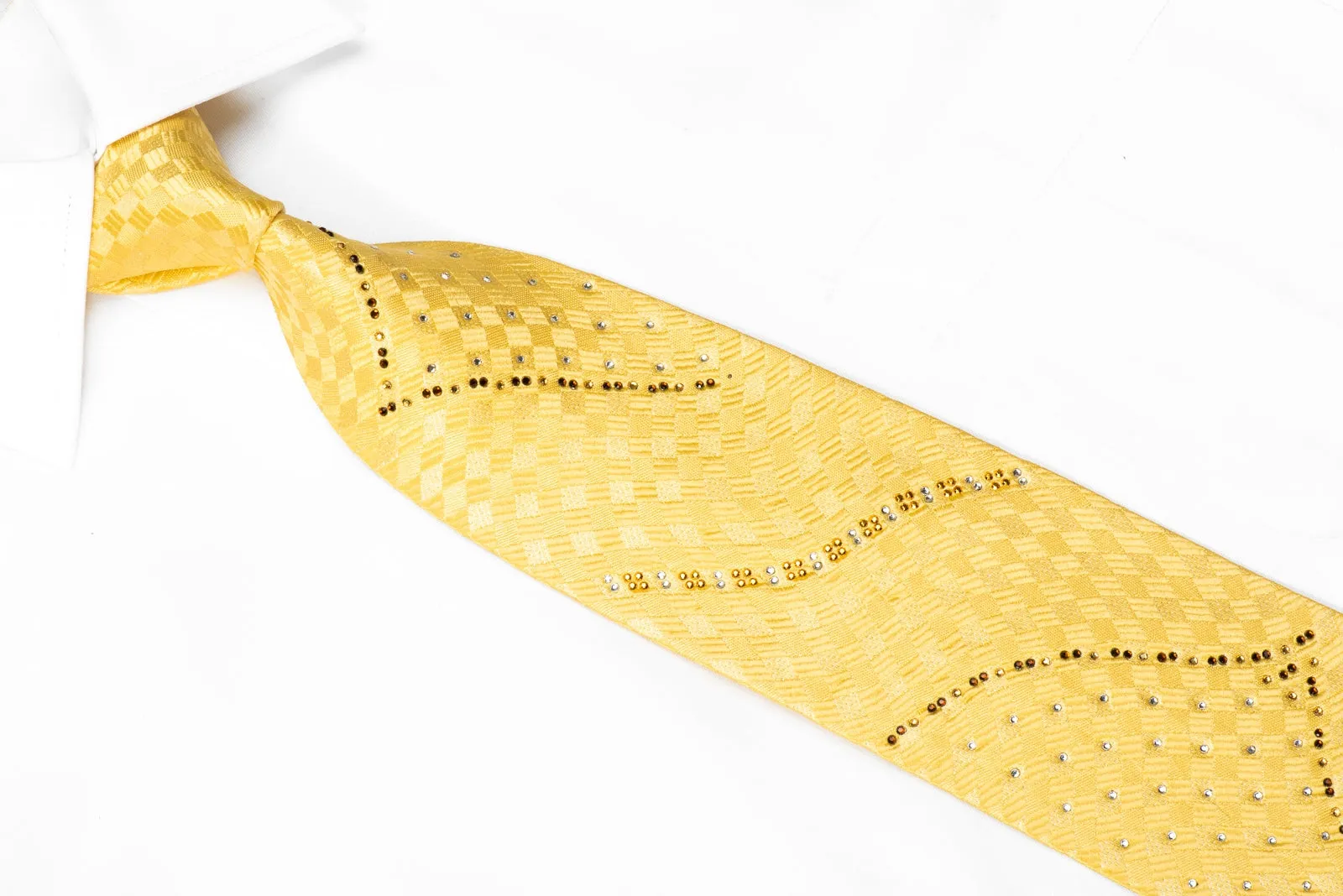 Paco Rabanne Men's Crystal Silk Necktie Yellow Checker With Silver Sparkles