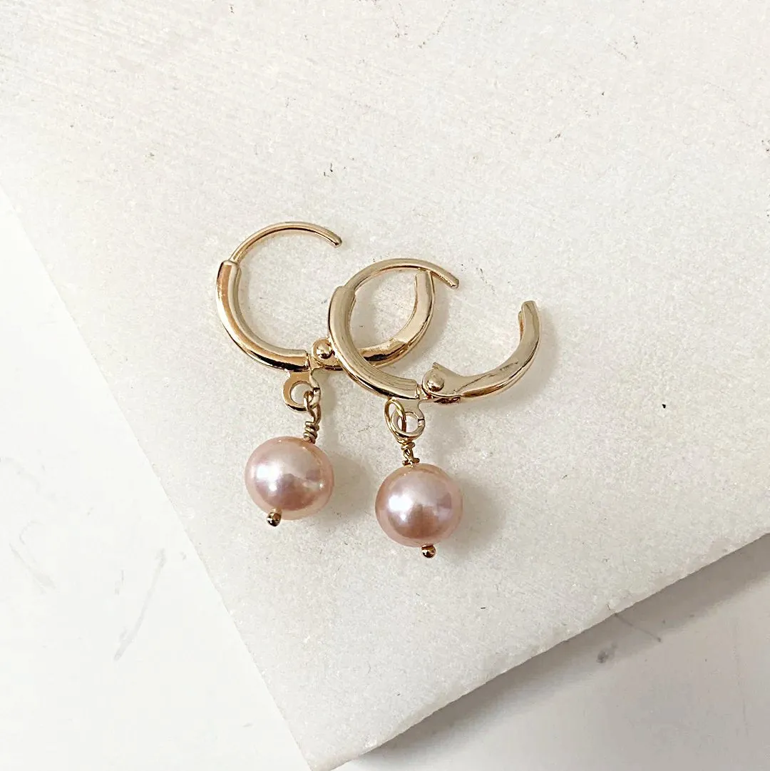 Pearl Huggie Hoops, Pearl Earrings, Hoops, Gold Hoops-Uni-T