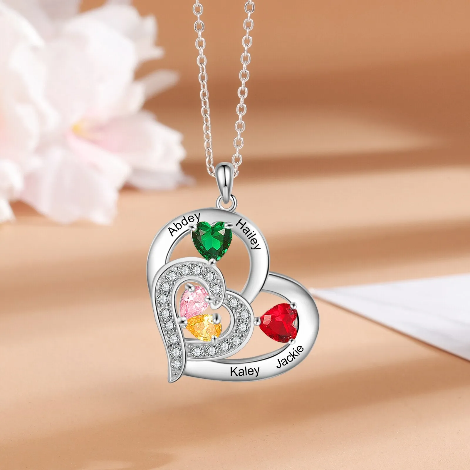 Personalized 6 Name Engraving Heart Pendant Classic Custom DIY Birthstone Necklace Anniversary Gift for Her
