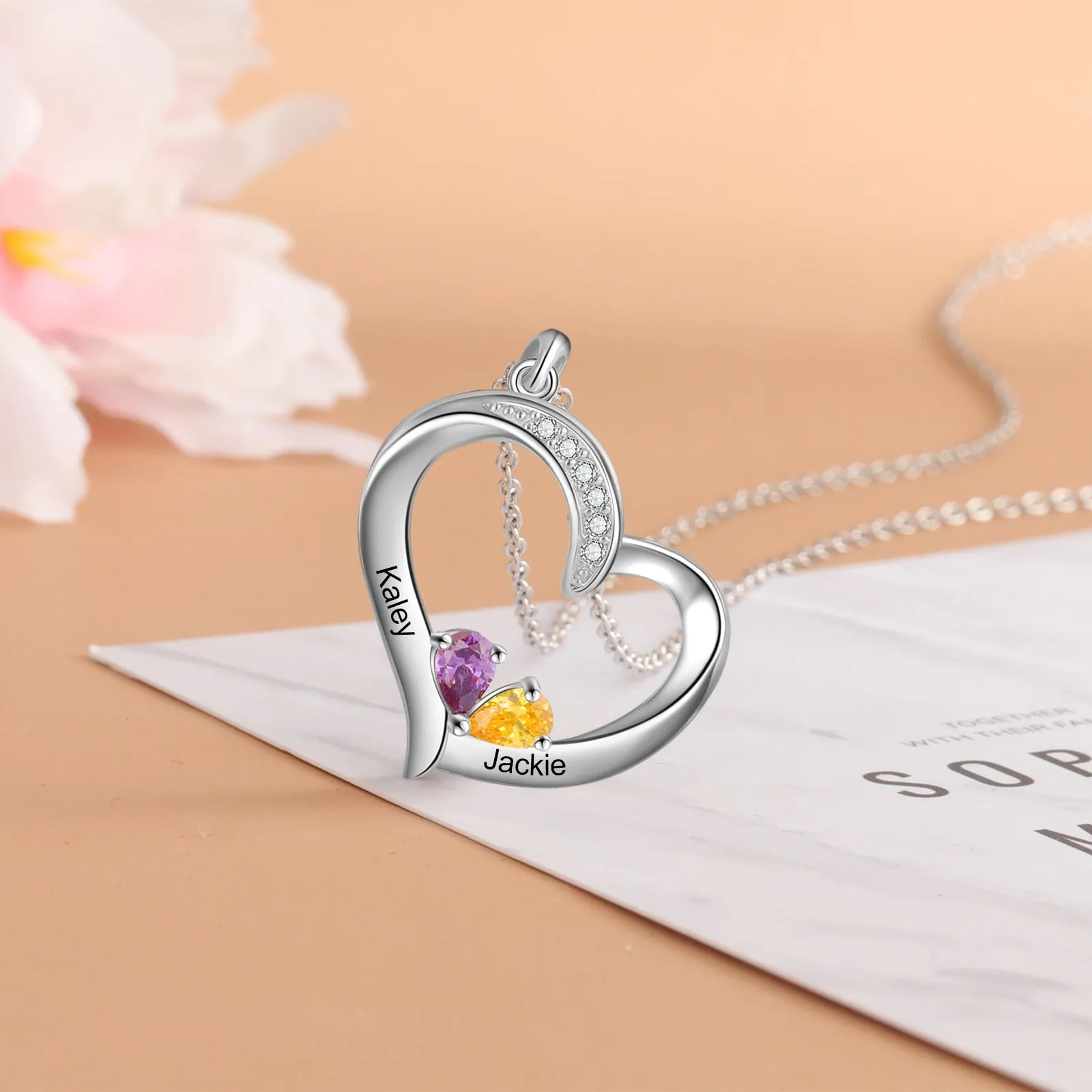 Personalized 6 Name Engraving Heart Pendant Classic Custom DIY Birthstone Necklace Anniversary Gift for Her