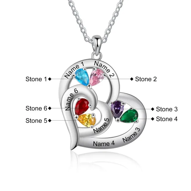 Personalized 6 Name Engraving Heart Pendant Classic Custom DIY Birthstone Necklace Anniversary Gift for Her