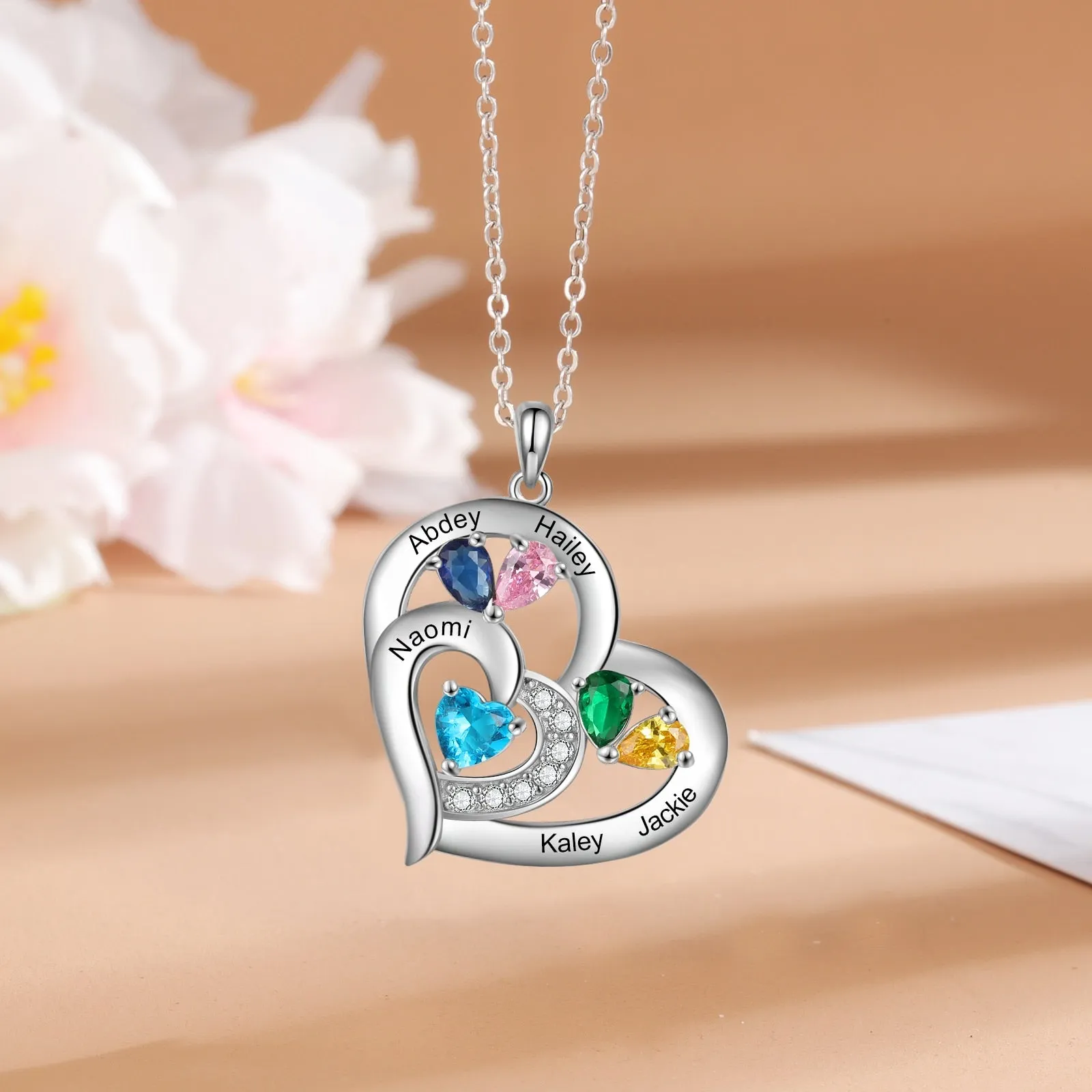 Personalized 6 Name Engraving Heart Pendant Classic Custom DIY Birthstone Necklace Anniversary Gift for Her