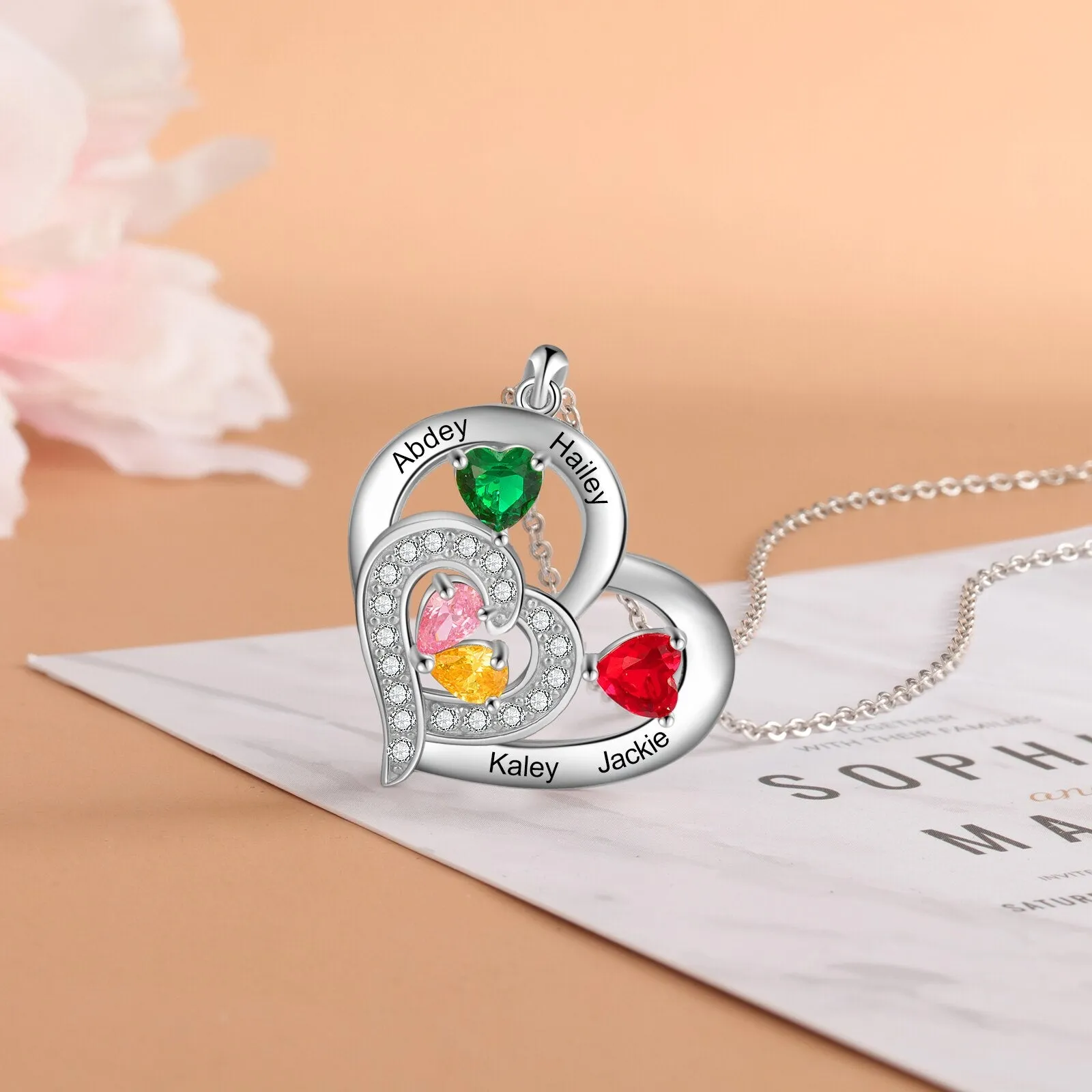 Personalized 6 Name Engraving Heart Pendant Classic Custom DIY Birthstone Necklace Anniversary Gift for Her