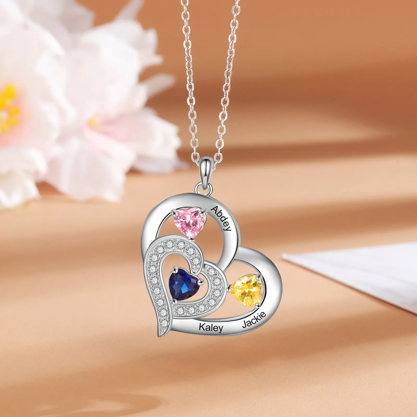 Personalized 6 Name Engraving Heart Pendant Classic Custom DIY Birthstone Necklace Anniversary Gift for Her