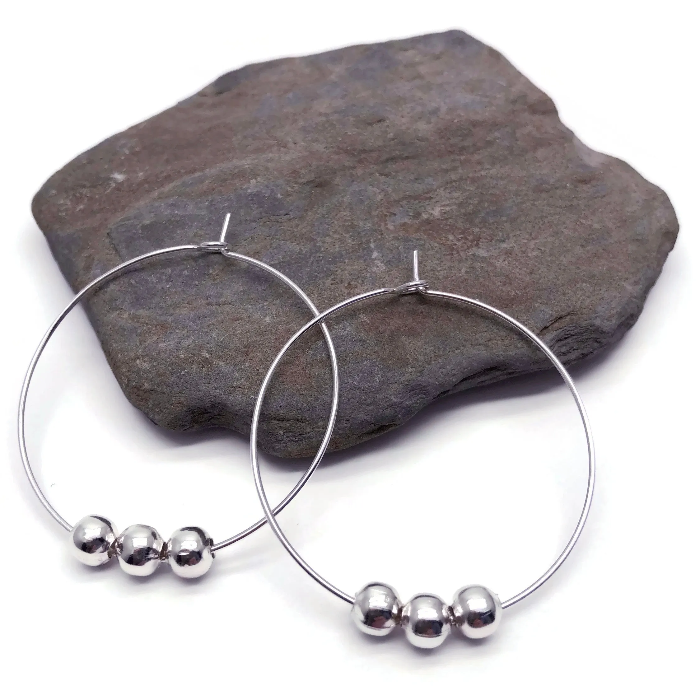 Plain Hoop Earrings with Silver Plated Beads 35mm