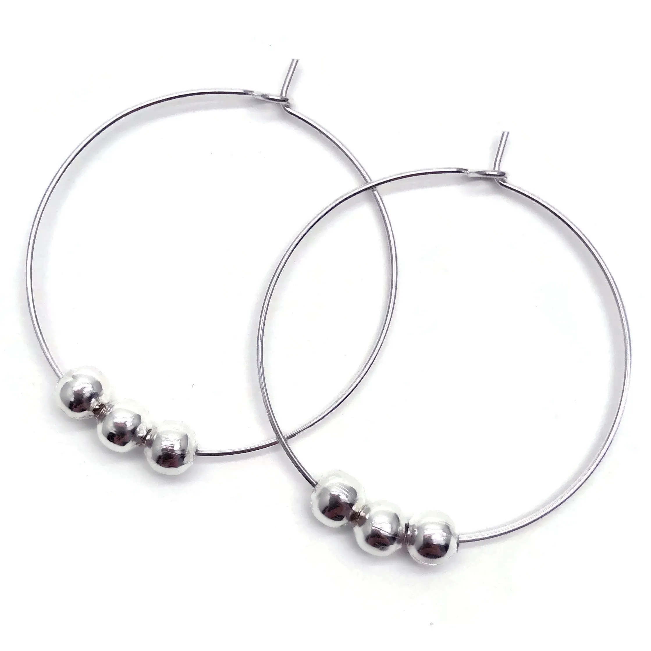Plain Hoop Earrings with Silver Plated Beads 35mm
