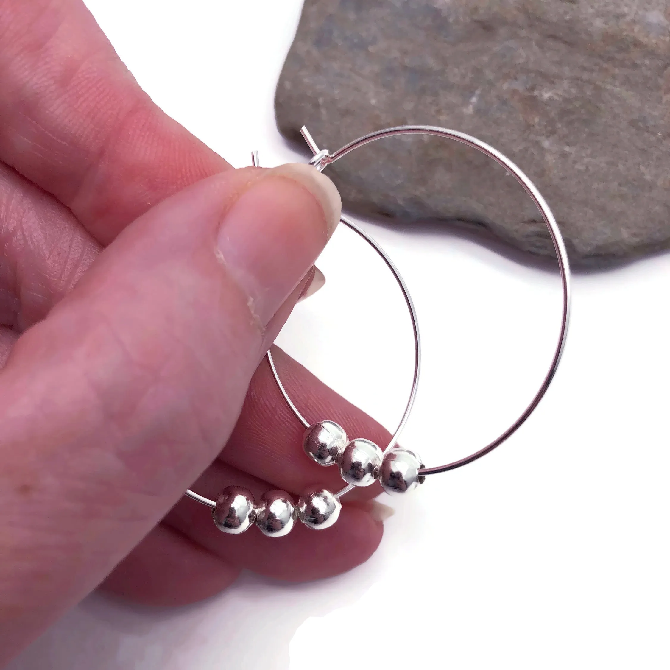 Plain Hoop Earrings with Silver Plated Beads 35mm