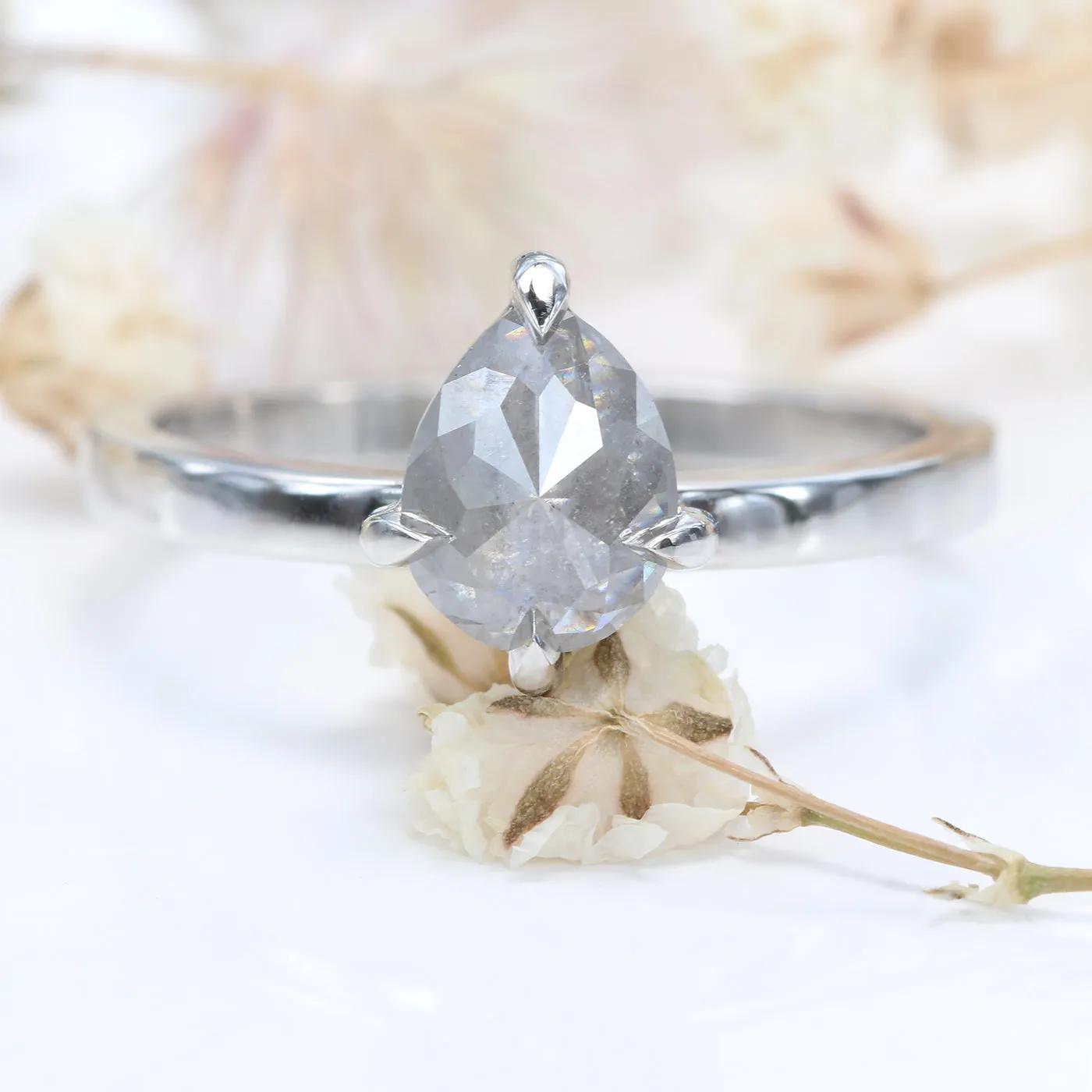 Platinum Pear Cut Salt and Pepper Solitaire Diamond Engagement Ring