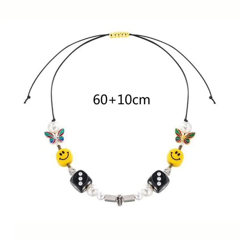 Punk Fashion Rock Pearl Smiley Skull Rope Adjustable Choker Lucky Dice Beaded Streetwear Necklaces