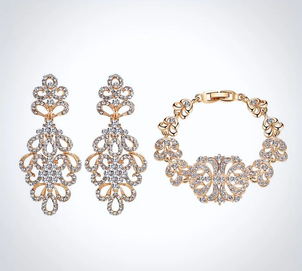 "Wynona" - Rhinestone Bridal Bracelet and Earrings Set - Available in Silver and Gold