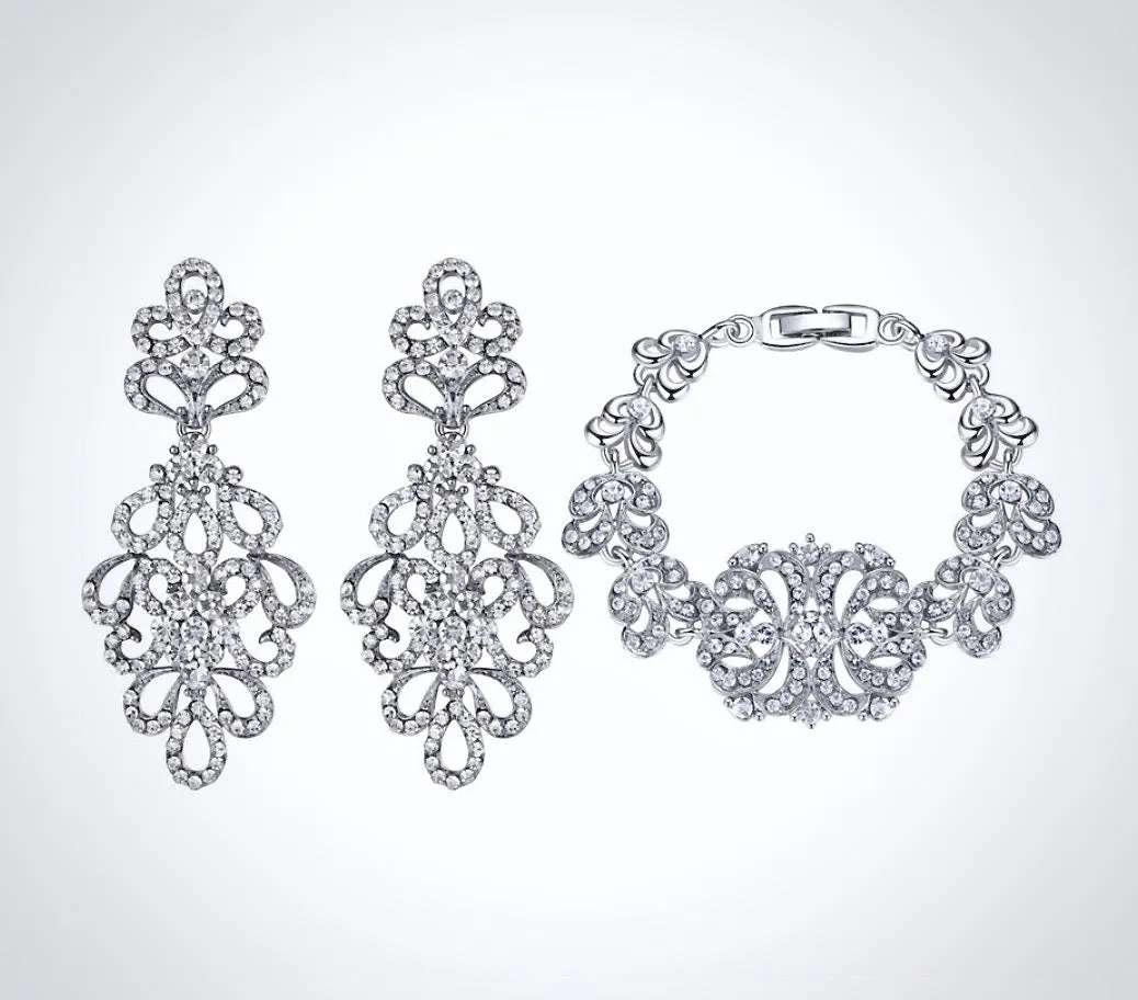 "Wynona" - Rhinestone Bridal Bracelet and Earrings Set - Available in Silver and Gold