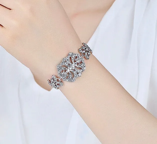 "Wynona" - Rhinestone Bridal Bracelet and Earrings Set - Available in Silver and Gold