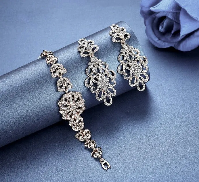 "Wynona" - Rhinestone Bridal Bracelet and Earrings Set - Available in Silver and Gold