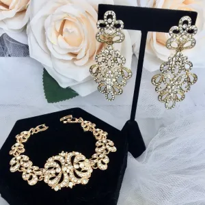 "Wynona" - Rhinestone Bridal Bracelet and Earrings Set - Available in Silver and Gold