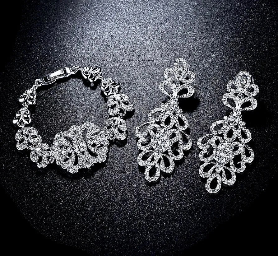 "Wynona" - Rhinestone Bridal Bracelet and Earrings Set - Available in Silver and Gold