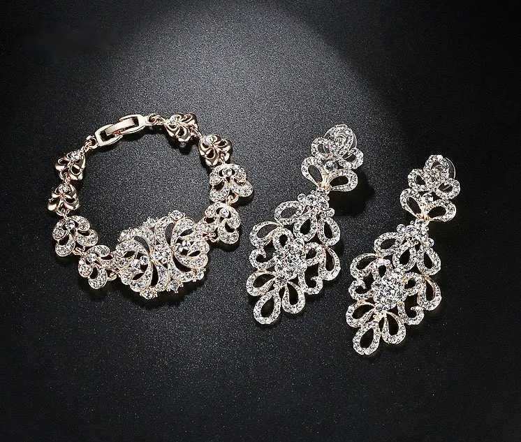 "Wynona" - Rhinestone Bridal Bracelet and Earrings Set - Available in Silver and Gold