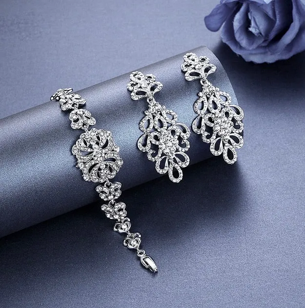 "Wynona" - Rhinestone Bridal Bracelet and Earrings Set - Available in Silver and Gold