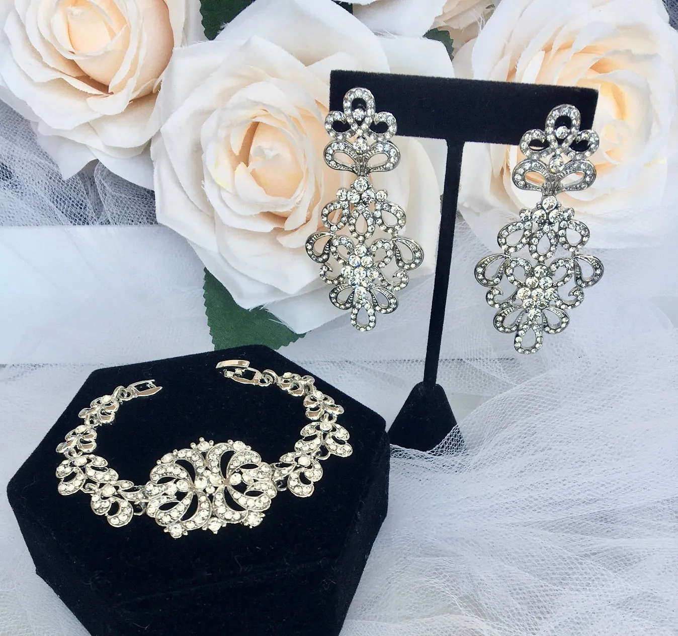 "Wynona" - Rhinestone Bridal Bracelet and Earrings Set - Available in Silver and Gold
