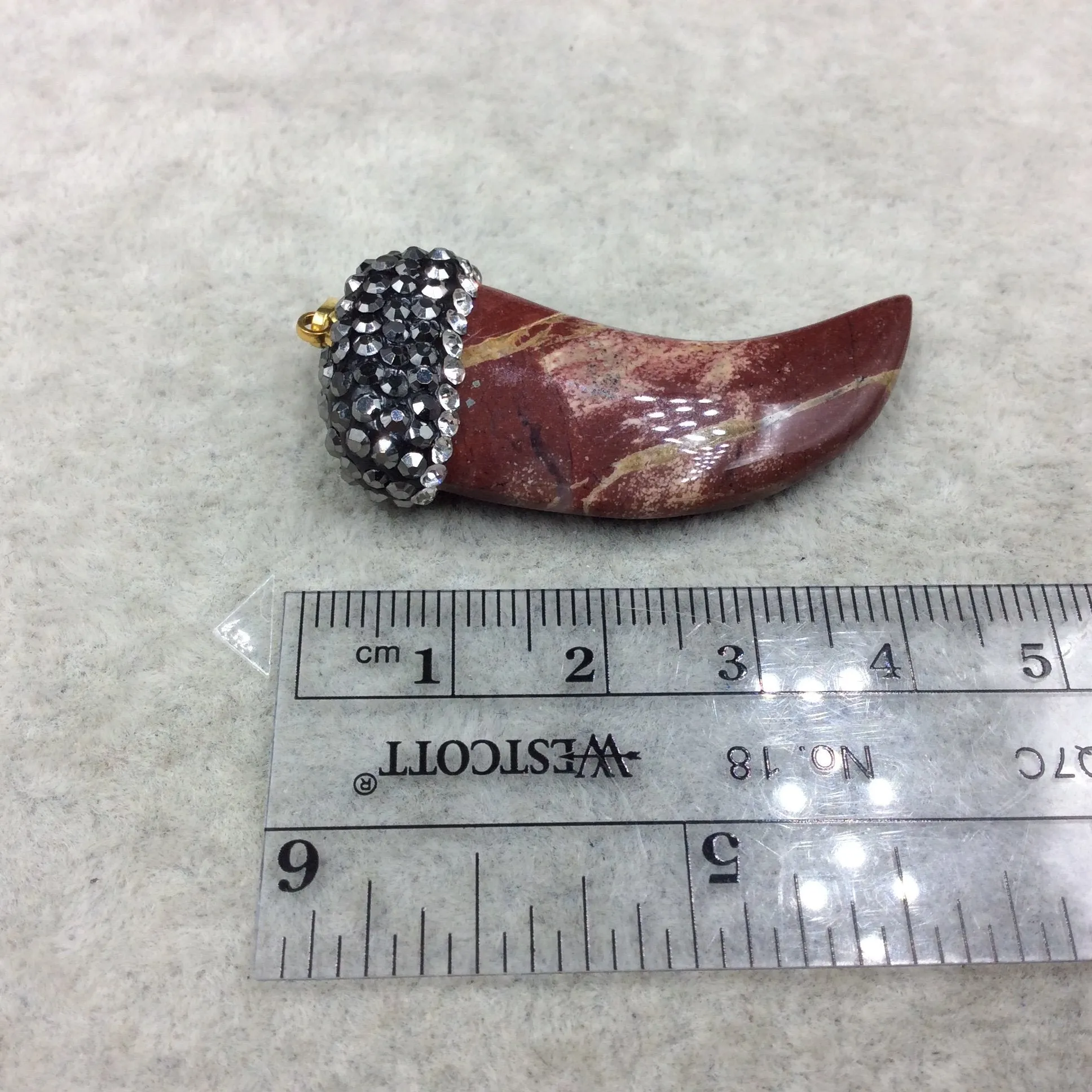 Rhinestone Encrusted Tusk/Claw Shaped Mottled Red/Cream Mookite Pendant W Gold Bail  ~ 19mm x 43mm, Approx. - Sold Individually