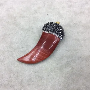 Rhinestone Encrusted Tusk/Claw Shaped Mottled Red/Cream Mookite Pendant W Gold Bail  ~ 19mm x 43mm, Approx. - Sold Individually