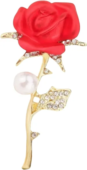 Rhinestone Red Rose Flower Brooch Pin for Women Girls Gold Plated Pearl Vintage Fashion Leaf Brooch Lapel Pin Elegant Clothing Accessories Valentine's Day Christmas Wedding Party Jewelry