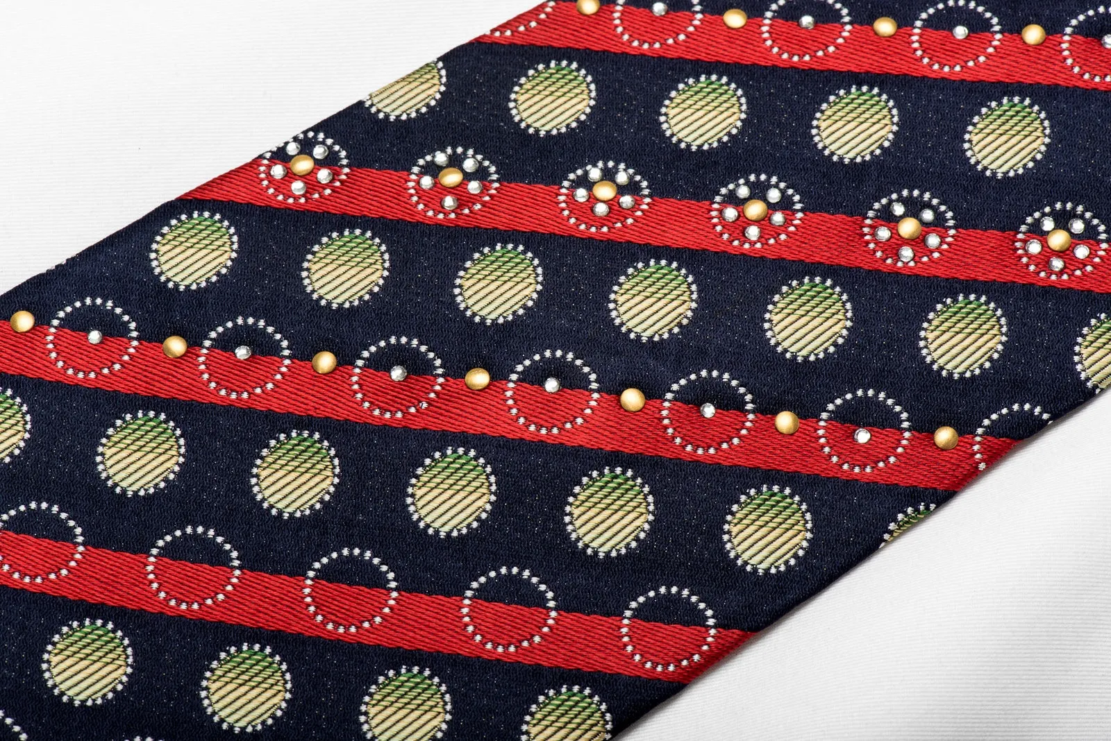 Rogers Dail Men's Crystal Silk Tie Red Striped & Circles On Navy Sparkling With Rhinestones