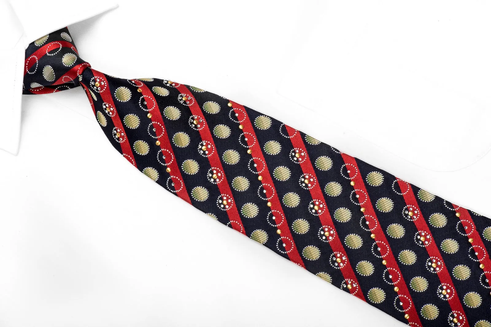 Rogers Dail Men's Crystal Silk Tie Red Striped & Circles On Navy Sparkling With Rhinestones
