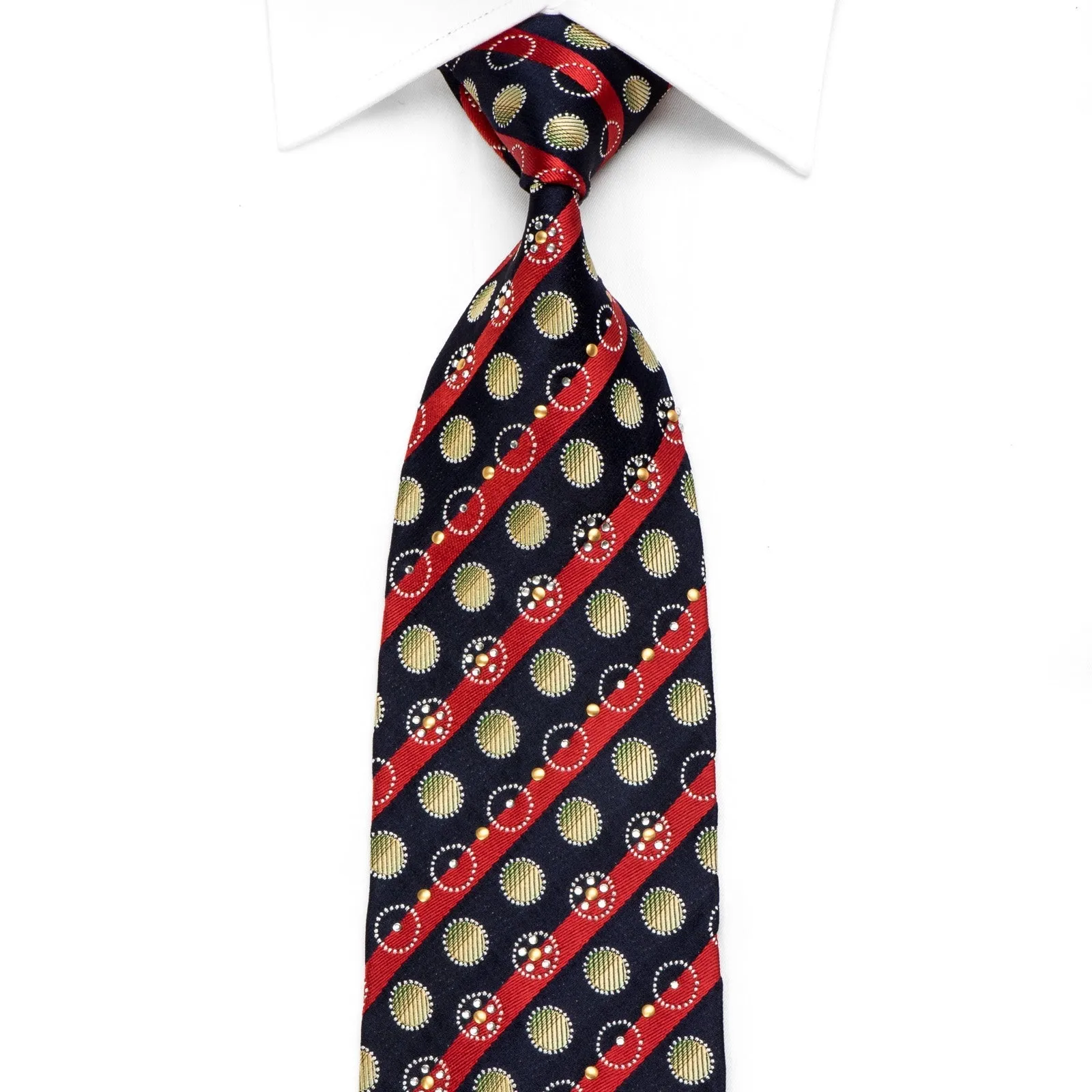 Rogers Dail Men's Crystal Silk Tie Red Striped & Circles On Navy Sparkling With Rhinestones