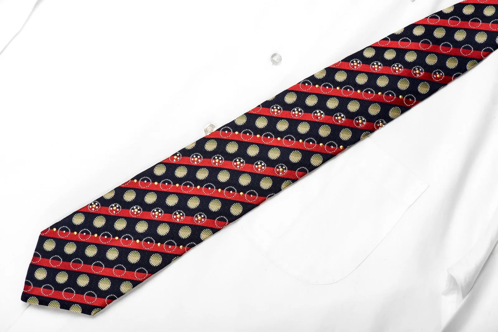 Rogers Dail Men's Crystal Silk Tie Red Striped & Circles On Navy Sparkling With Rhinestones