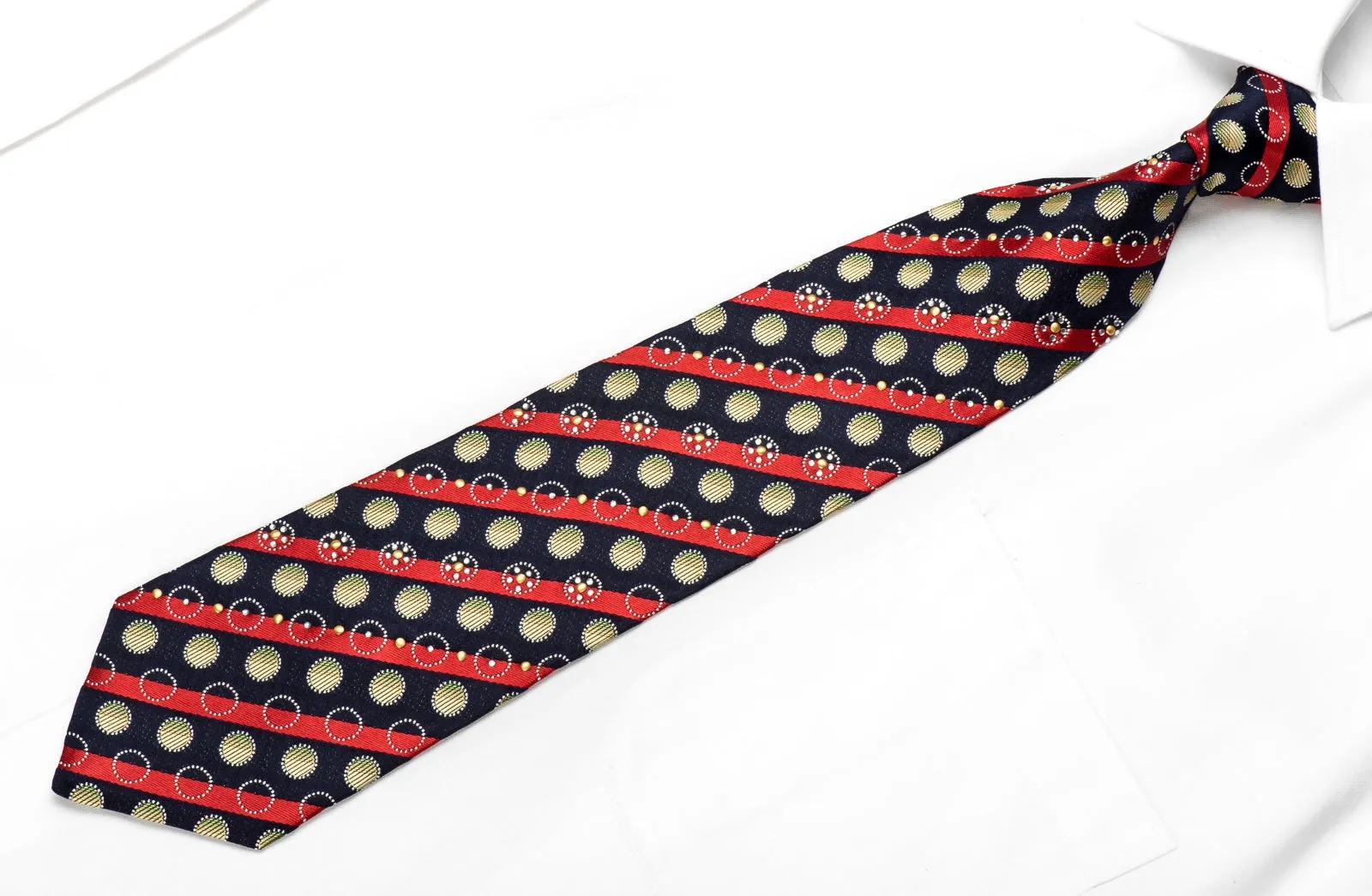Rogers Dail Men's Crystal Silk Tie Red Striped & Circles On Navy Sparkling With Rhinestones