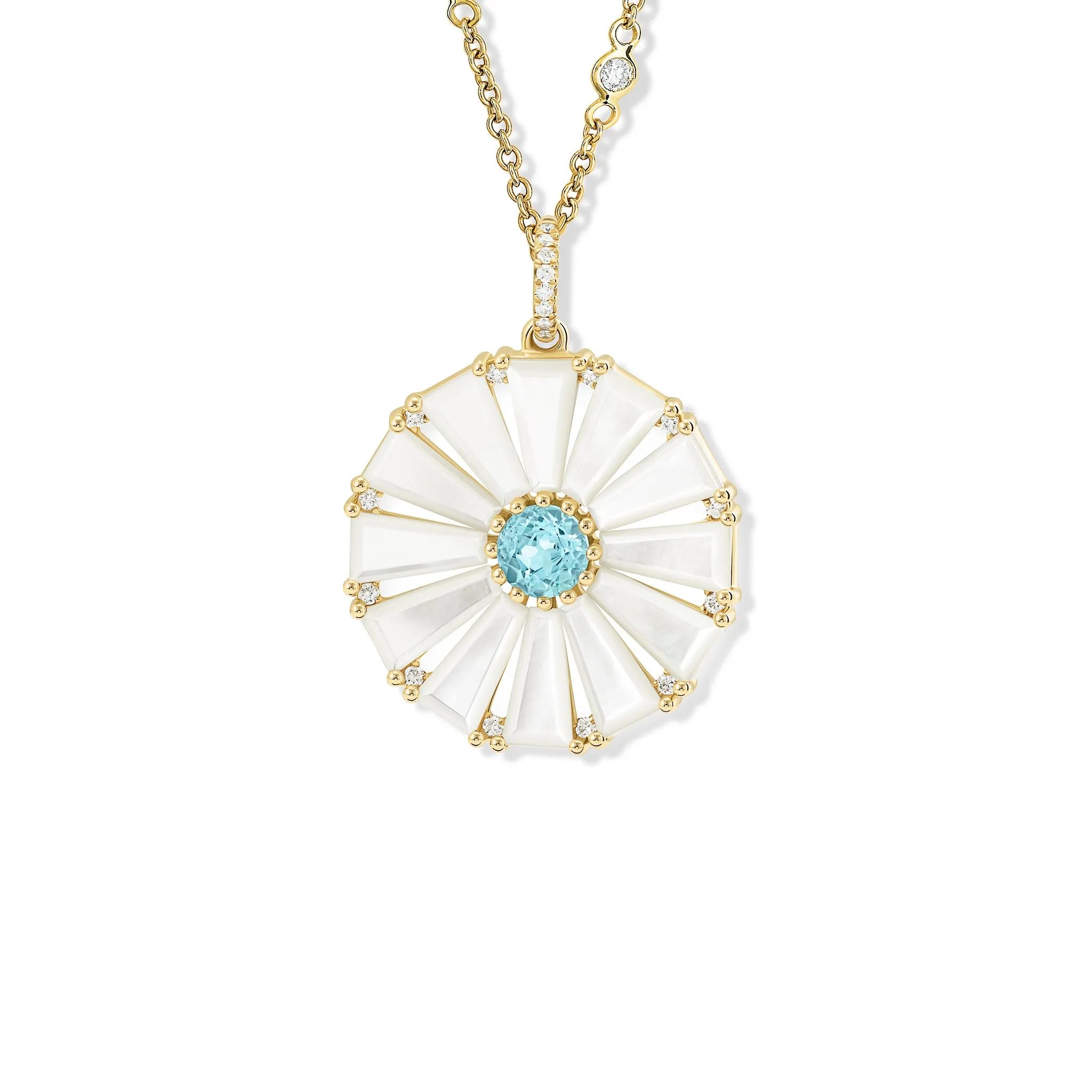 Roi Soleil Large Necklace Pendant Yellow Gold - Mother of Pearl, Blue Topaz & Diamond