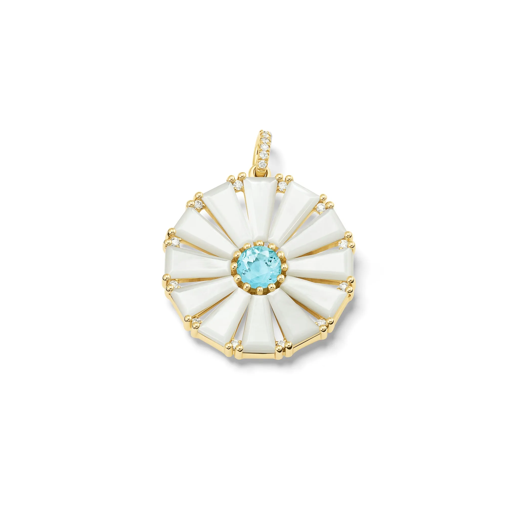 Roi Soleil Large Necklace Pendant Yellow Gold - Mother of Pearl, Blue Topaz & Diamond