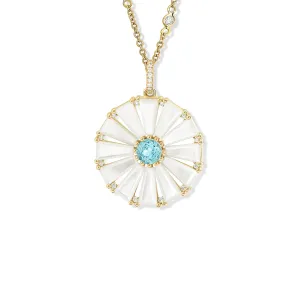 Roi Soleil Large Necklace Pendant Yellow Gold - Mother of Pearl, Blue Topaz & Diamond