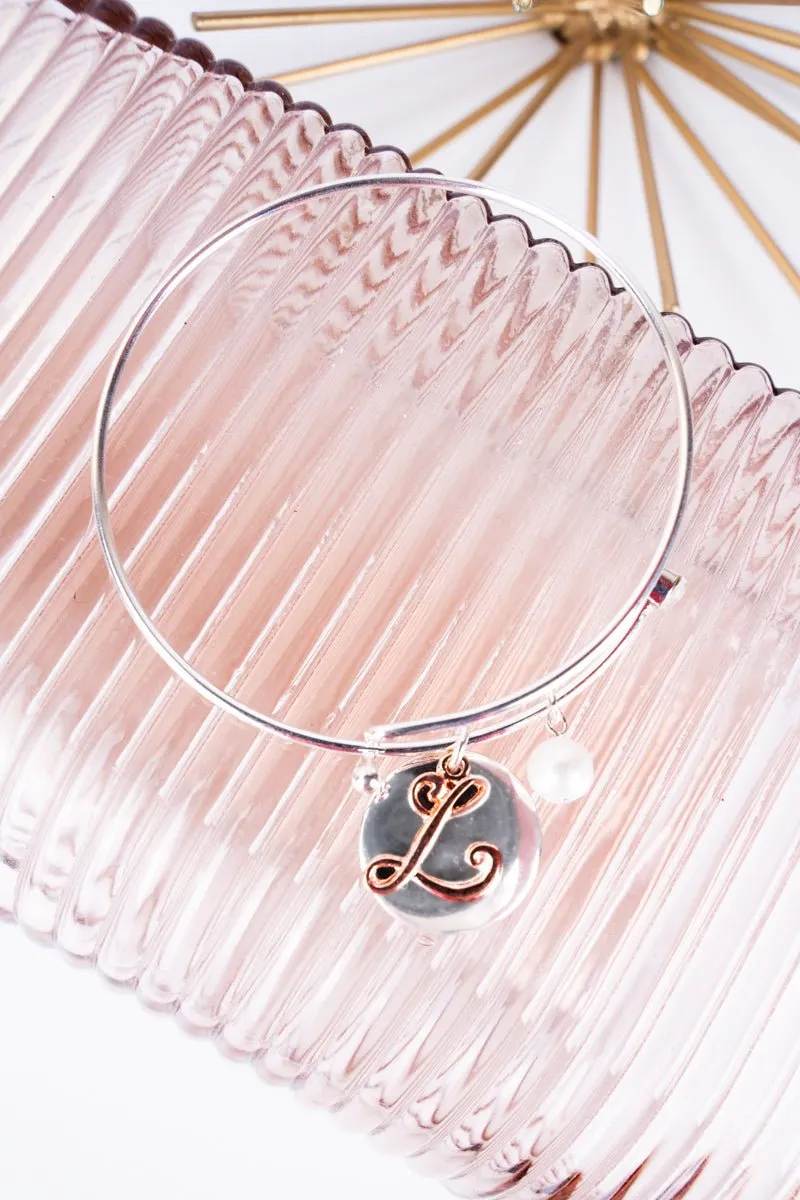 SALE! Silvertone and Rose Goldtone Monogram Initial 'L' Disk Charm Bangle