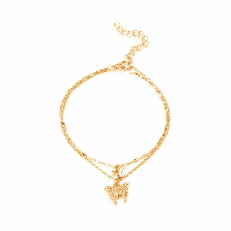 Silver Color Shiny Butterfly Anklet for Women Exquisite Double Layer Pendant Fashion Bohemian Barefoot Chain Jewelry Gift