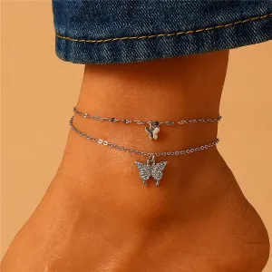 Silver Color Shiny Butterfly Anklet for Women Exquisite Double Layer Pendant Fashion Bohemian Barefoot Chain Jewelry Gift