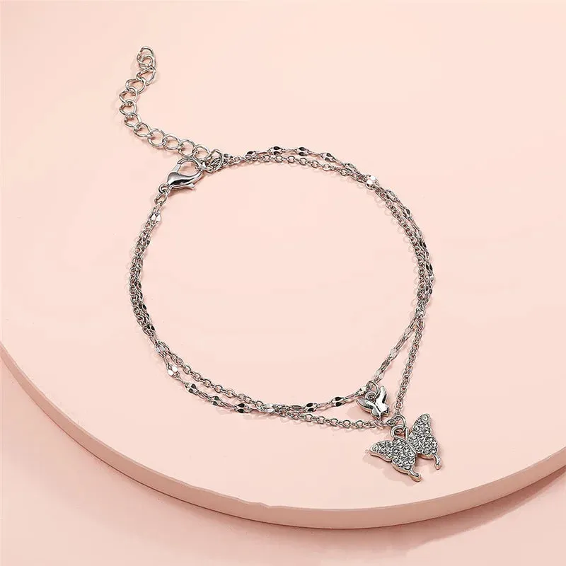 Silver Color Shiny Butterfly Anklet for Women Exquisite Double Layer Pendant Fashion Bohemian Barefoot Chain Jewelry Gift