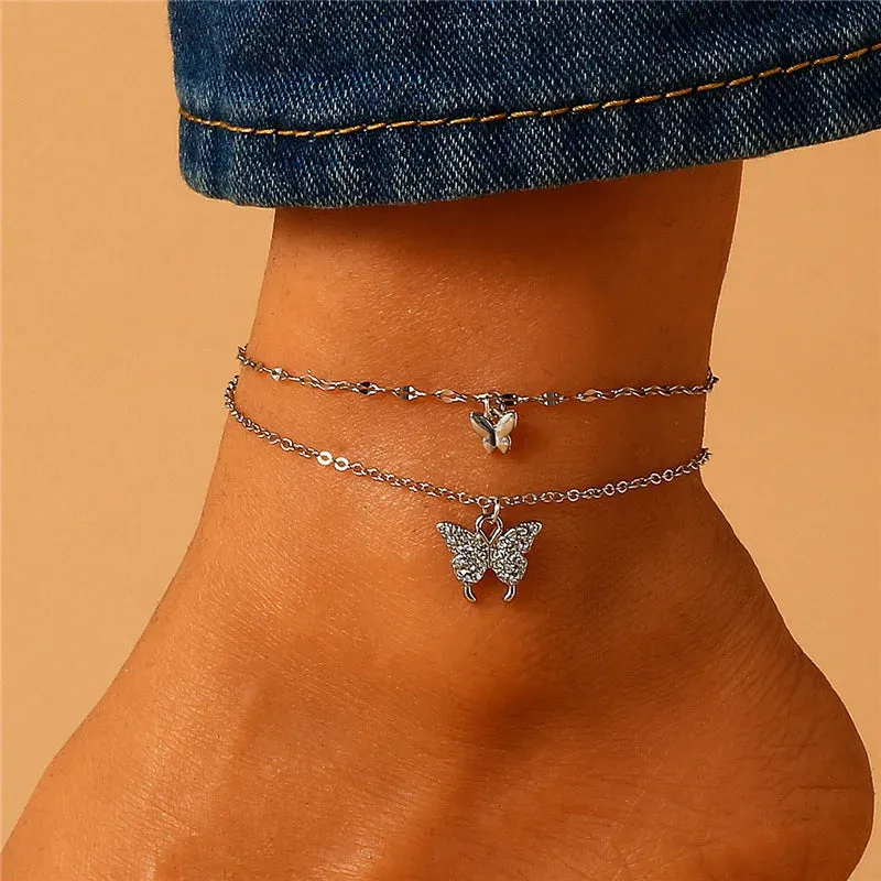 Silver Color Shiny Butterfly Anklet for Women Exquisite Double Layer Pendant Fashion Bohemian Barefoot Chain Jewelry Gift