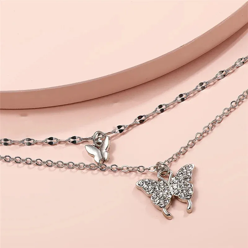 Silver Color Shiny Butterfly Anklet for Women Exquisite Double Layer Pendant Fashion Bohemian Barefoot Chain Jewelry Gift