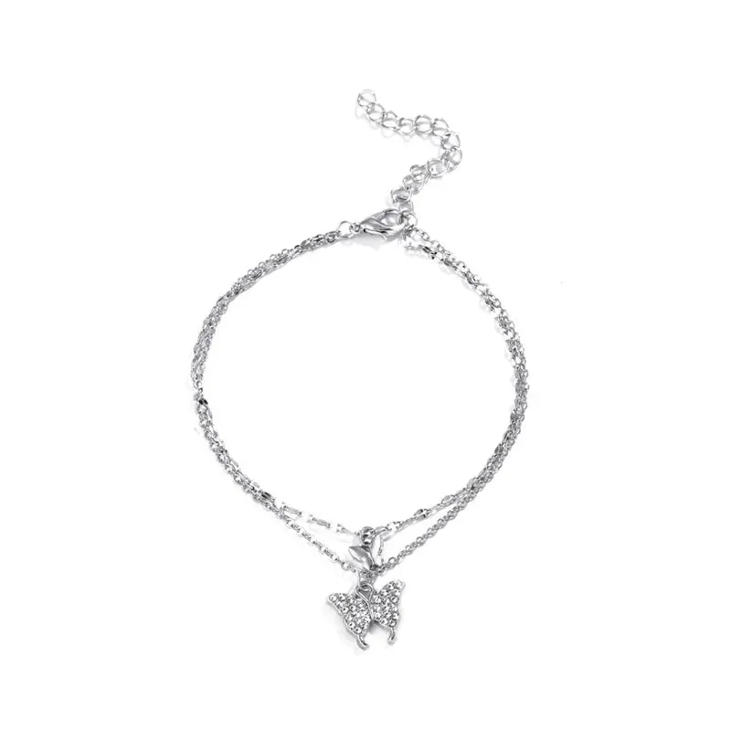 Silver Color Shiny Butterfly Anklet for Women Exquisite Double Layer Pendant Fashion Bohemian Barefoot Chain Jewelry Gift