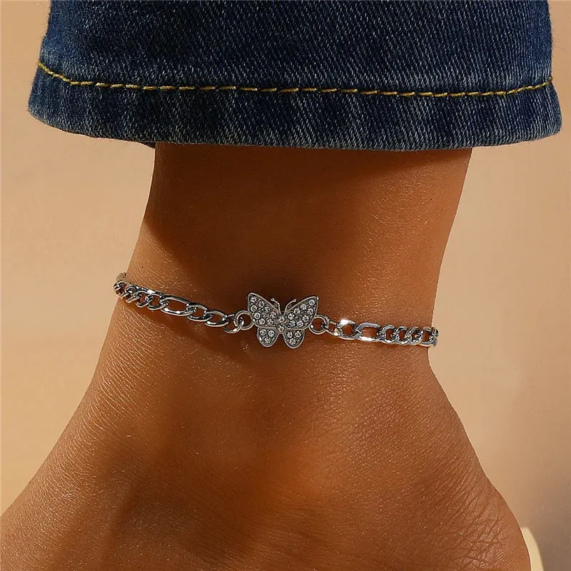 Silver Color Shiny Butterfly Anklet for Women Exquisite Double Layer Pendant Fashion Bohemian Barefoot Chain Jewelry Gift