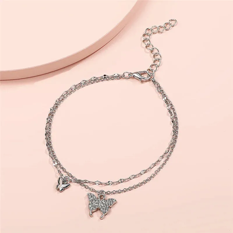 Silver Color Shiny Butterfly Anklet for Women Exquisite Double Layer Pendant Fashion Bohemian Barefoot Chain Jewelry Gift